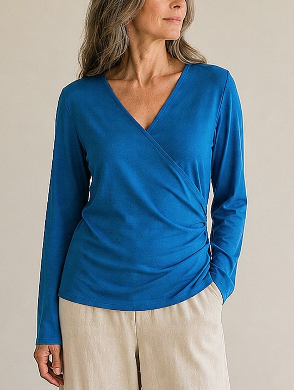 Eileen Fisher Wrap Surplice Stretch Jersey Cotton wrap Top Blue XL flare sleeves
